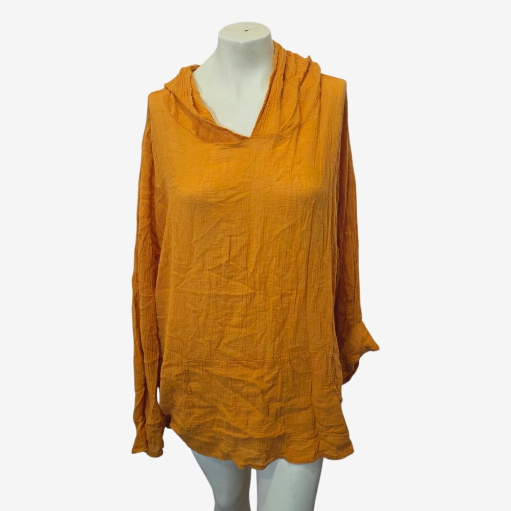 Bryn Walker Tunic Top L Orange Cotton Gauze Hooded Lagenlook Boho Made USA